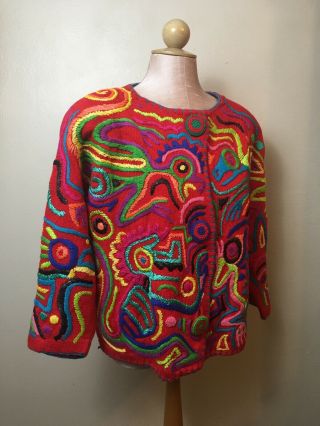 Vintage Michael Simon Womens Sz L Cardigan Sweater Abstract Lizard Frog Art Wear