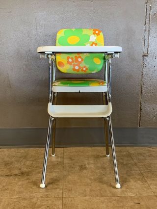 Vintage Cosco Retro Flower Power Vinyl Seat And Stainless Steal Tray High Chair