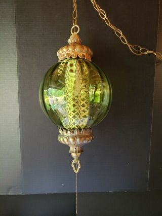 Vintage Green Glass Swag Lamp Retro Light Hanging Light Boho Chic Gold Fixture