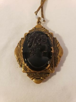 Antique Victorian Carved Black Glass Cameo Hidden Locket Mourning Necklace Beaut