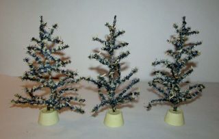 3 Vintage 9 " Blue Metallic Chenille Christmas Trees W/putz Paper Candles