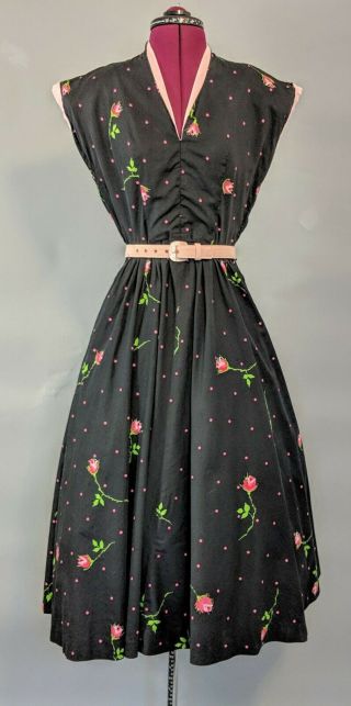 1950s Floral Pink Rose Print Cotton Day Dress Rockabilly Rab Summer True Vintage