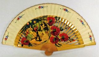 Vintage/antique Wooden Folding Hand Fan Hand Painted Flamenco Dancers & Flowers