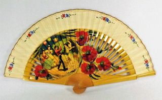 Vintage/Antique Wooden Folding Hand Fan Hand Painted Flamenco Dancers & Flowers 2