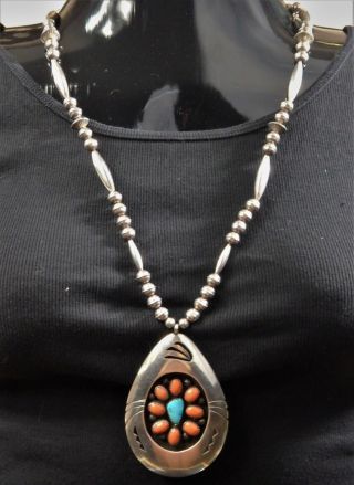 Rare Old Navajo Marie Kee Nevada Turquoise Coral Sterling Cluster 27 " Necklace