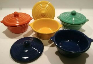 4 Vintage Bauer Pottery Covered Bowls Individual Tab Casseroles & Lids Ring Ware