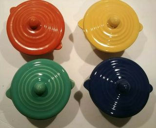 4 Vintage Bauer Pottery Covered Bowls Individual Tab Casseroles & Lids Ring Ware 3