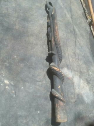 RARE FOLK ART tramp art CARVED WOOD ALLIGATOR CROCODILE snake WALKING STICKcane 4