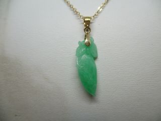 Vintage 14k Yellow Gold Carved Natural Green Jade Pendant Charm 1 "