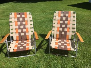 Vintage Webbed Aluminum Orange 1960s Retro Low Profile Beach Chairs