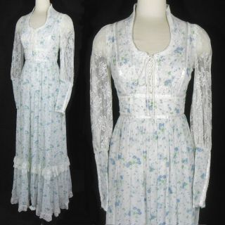 Vtg 70s Gunne Sax Gauzy Floral Corset Juliet Victorian Boho Prairie Dress S M