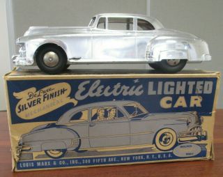 Rare Vtg Marx Deluxe Silver Finish Mechanical Friction Car Electric Lights W/box