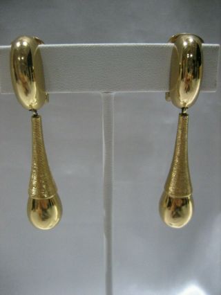 Vintage Signed Christian Dior Gold Tone Drop Dangle Teardrop Clip - On Earrings