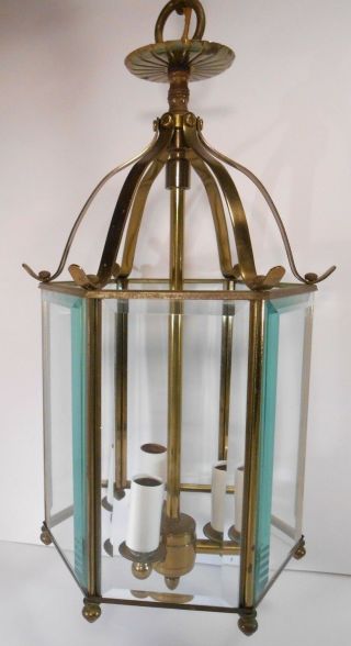 Vintage Gold Brass Beveled Glass Hanging Pendant Light Fixture