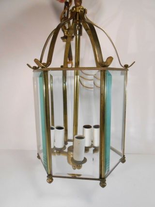 Vintage Gold Brass Beveled Glass Hanging Pendant Light Fixture 2