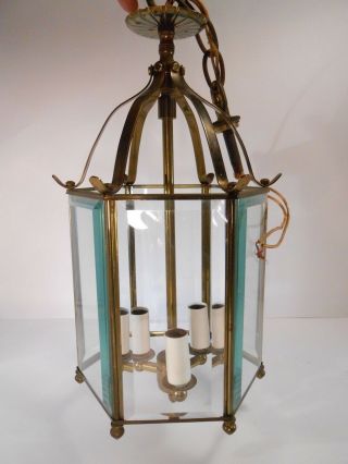 Vintage Gold Brass Beveled Glass Hanging Pendant Light Fixture 3