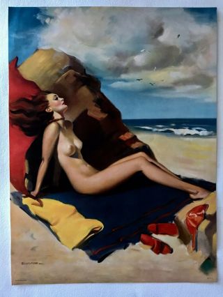 Vintage Gil Elvgren Print Nude Calendar Top Pin Up Art Deco Beach Seaside Girl