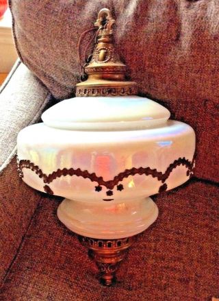 Vintage Hollywood Regency White Iridescent Mid Century Swag Hanging Lamp Light