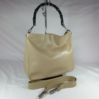 Authentic Vintage Gucci Beige Leather Bamboo Medium Tote Shoulder Handbag Vgc