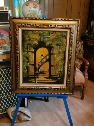 Vintage Mid Century Modern Oil Painting Signed Framed Eerie Stairs Building Dark