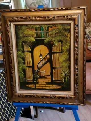 Vintage Mid Century Modern Oil Painting Signed Framed Eerie Stairs Building Dark 2