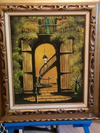 Vintage Mid Century Modern Oil Painting Signed Framed Eerie Stairs Building Dark 3