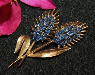 Crown Trifari Signed 2 1/4 Inch Pin With Jaw Dropping Blue Stones Rare