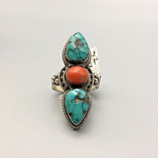 Vintage Three Stone Ring Turquoise And Coral,  Size 7