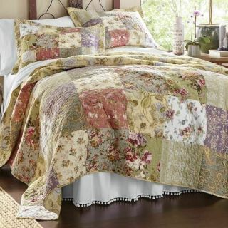 Xxl Oversize Antique Patchwork Blue Pink Red Rose Green Bedspread Set