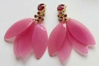 Oscar De La Renta Vintage Earrings Haute Couture Pink Rhinestone Lucite Petals