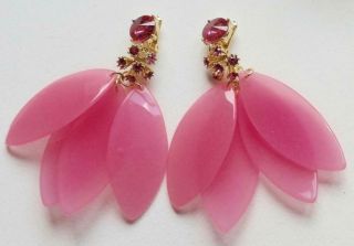 OSCAR DE LA RENTA Vintage Earrings Haute Couture Pink Rhinestone Lucite Petals 3