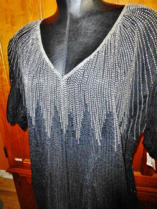 Nwt Vtg 80s Art Deco Silk Glass Bead Embroidered Plus Size 22 Black Formal Dress