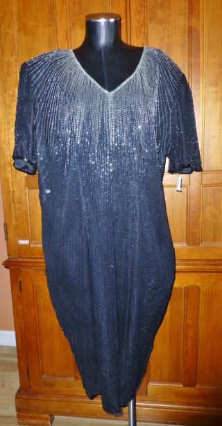 NwT Vtg 80s ART DECO Silk Glass Bead EMBROIDERED Plus size 22 Black Formal DRESS 2