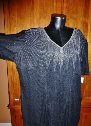 NwT Vtg 80s ART DECO Silk Glass Bead EMBROIDERED Plus size 22 Black Formal DRESS 3