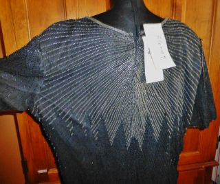 NwT Vtg 80s ART DECO Silk Glass Bead EMBROIDERED Plus size 22 Black Formal DRESS 8