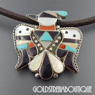 Vintage Zuni Sterling Silver Gemstone Inlay Peyote Bird Leather Cord Necklace