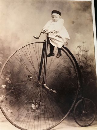 1870s High Wheel Bicycle Painted Bkgrd Wisconsin Rare Baby Rider Penny Farthing