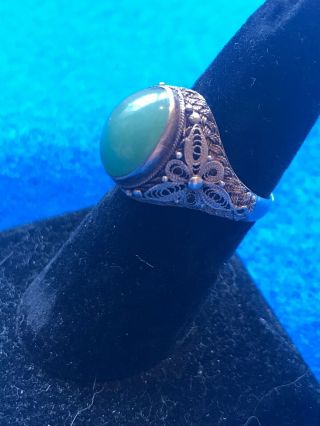 Antique Chinese Sterling Silver Green Jade Filigree Adjustable Ring