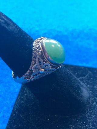Antique Chinese Sterling Silver Green Jade Filigree Adjustable Ring 2
