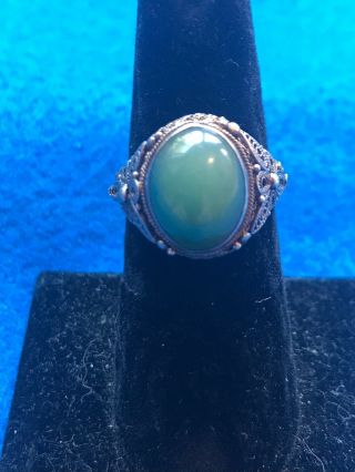 Antique Chinese Sterling Silver Green Jade Filigree Adjustable Ring 3