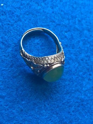 Antique Chinese Sterling Silver Green Jade Filigree Adjustable Ring 5