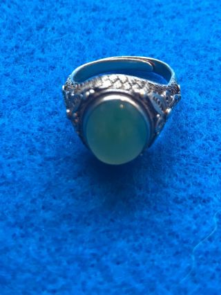 Antique Chinese Sterling Silver Green Jade Filigree Adjustable Ring 6