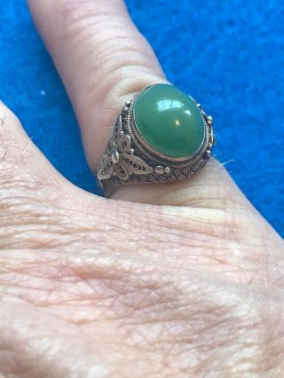 Antique Chinese Sterling Silver Green Jade Filigree Adjustable Ring 7