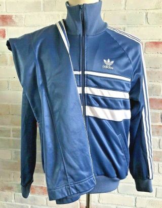 Adidas Mens Vintage 1970s Blue Track Suit Warm Up Jacket And Pants Size Large