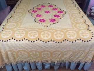 Rare Vtg Chenille Yellow Fuschia Pink Fringed Bed Cover Spread Queen 107 X 88