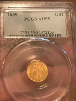 1859 type 3 Liberty $1 gold dollar Pcgs AU55,  rare date 3