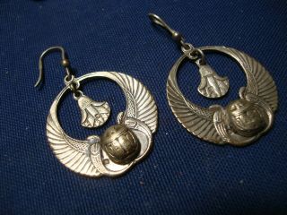 Grandmas Rare Egypt Scarab Sterling Silver Old Pawn Earrings
