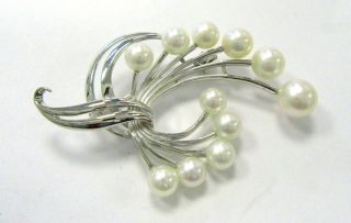 Vintage Mikimoto Signed Sterling Silver Pearl Pin 2 " L X 1 - 1/4 " W