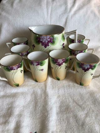 9 - Piece Vtg Nippon Je - Oh Hand Painted Violets Lemonade Set - Pitcher & 8 Mugs