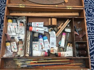 Vintage Artist Travelling Paint Box Case With Palette & Rowney Paints & Brushes